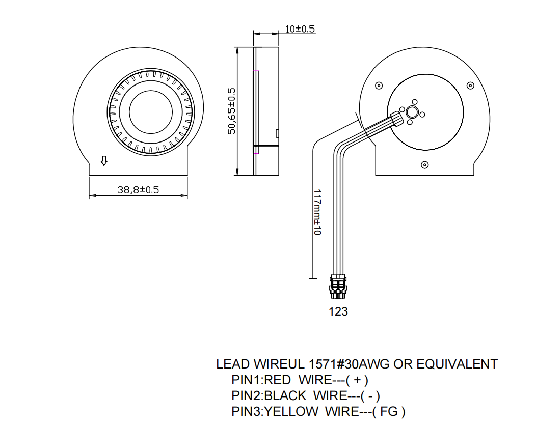 Low operating voltage Blower BA5010HV05B-D Dimensional Drawing.png